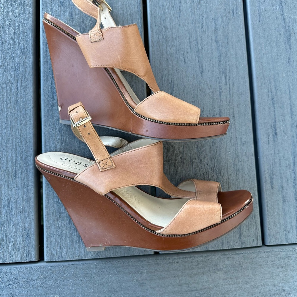Guess Brown and Tan Wedge Sandals